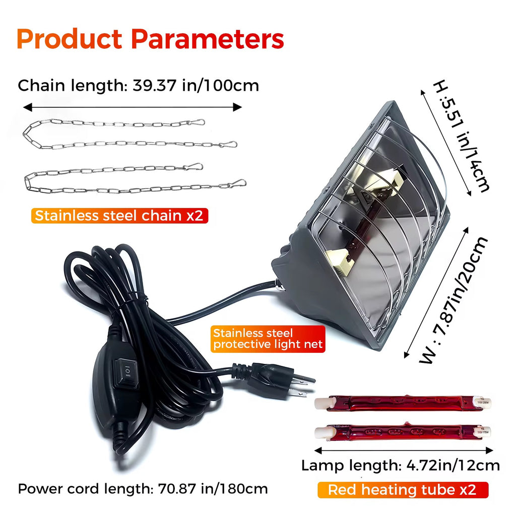 Lampe Chauffante Infrarouge pour Élevage – 2 Tubes Rouges + Chaînes Inox