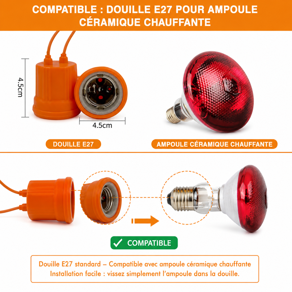 Douille Céramique Chauffante E27 – Lampe Infrarouge Vétérinaire