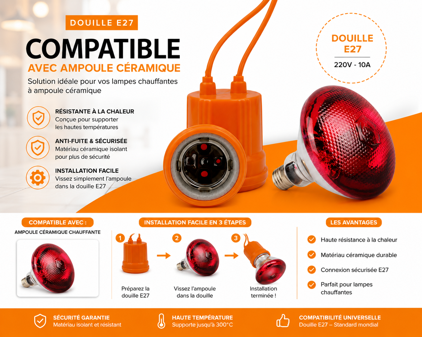 Douille Céramique Chauffante E27 – Lampe Infrarouge Vétérinaire