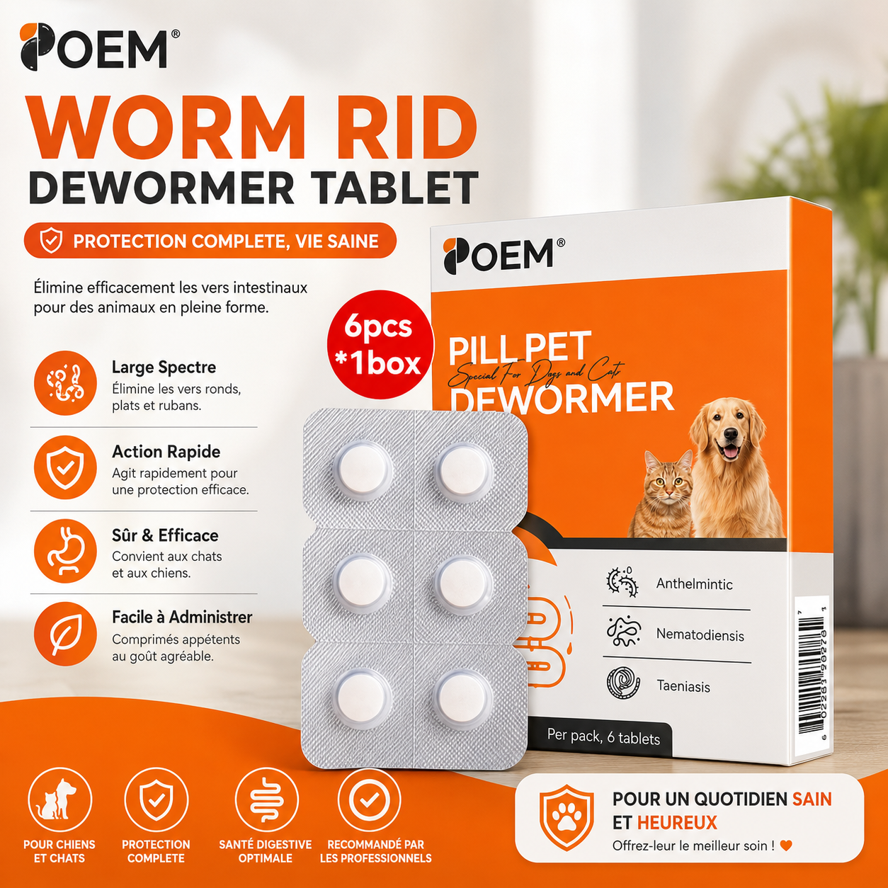 Vermifuge–Comprimé Antiparasitaire pour Chiens et Chats