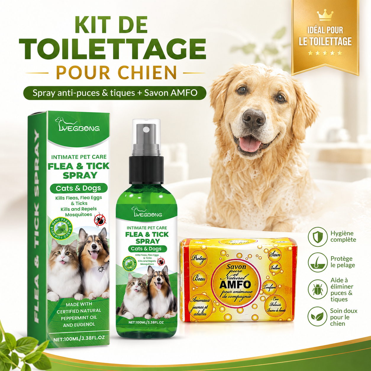 Kit de Toilettage pour Chien – Spray Anti-Puces & Tiques + Savon AMFO